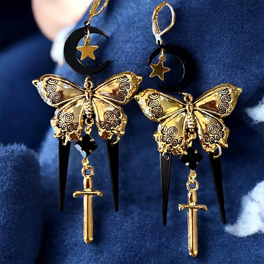 Boucles d'oreilles Olivenorma gothiques mystiques papillon lune épée à pompons superposés - Doré - image 0