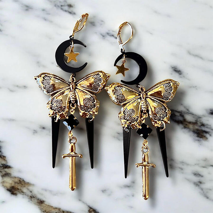 Boucles d'oreilles Olivenorma gothiques mystiques papillon lune épée à pompons superposés - image 9