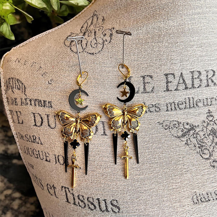 Boucles d'oreilles Olivenorma gothiques mystiques papillon lune épée à pompons superposés - image 10