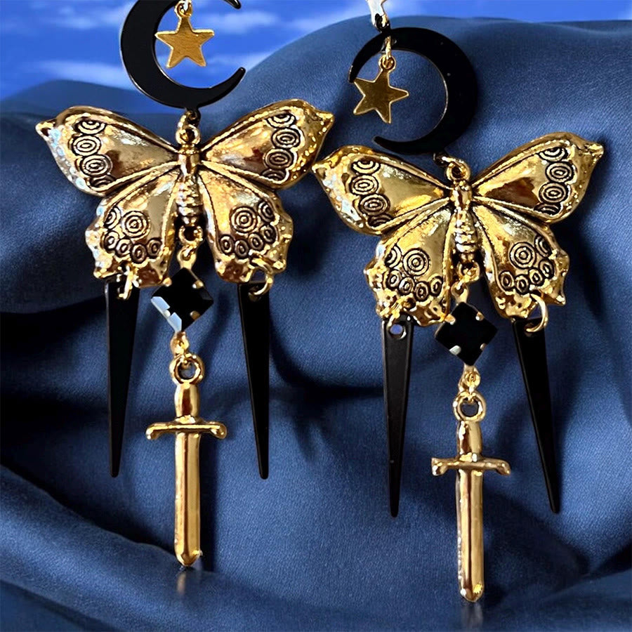 Boucles d'oreilles Olivenorma gothiques mystiques papillon lune épée à pompons superposés - image 6