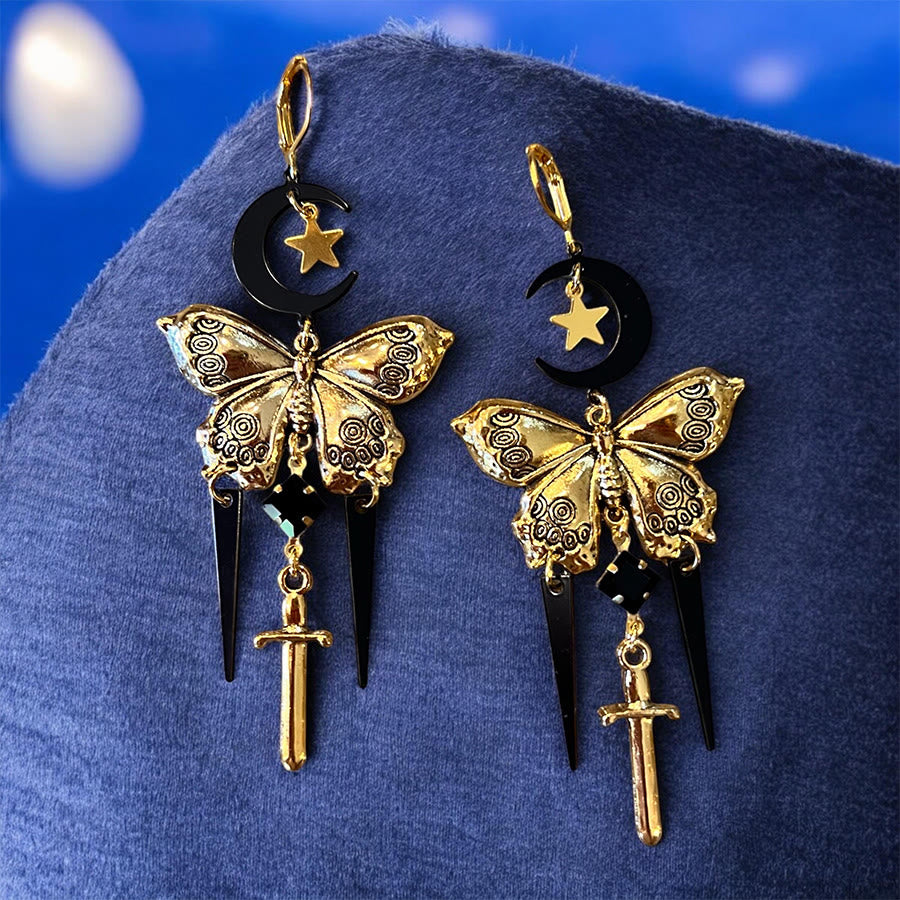Boucles d'oreilles Olivenorma gothiques mystiques papillon lune épée à pompons superposés - image 8