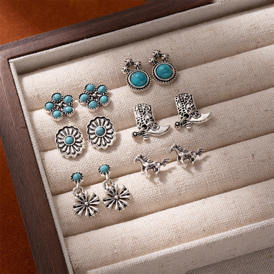 Boucles d'oreilles Olivenorma western bohème floral et cowboy à motifs variés - Taureau et Turquoise - image 0