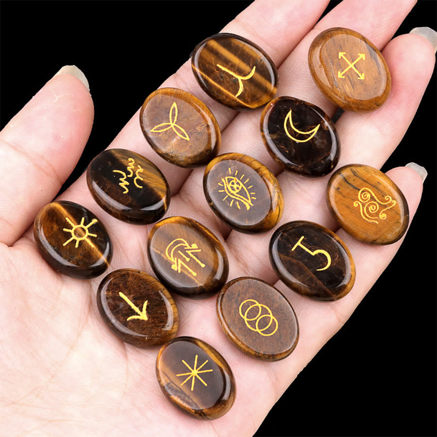 Olivenorma - Pierre anti-stress gravée de runes de sorcière en pierre naturelle (13 pièces) - Œil de tigre - image 1