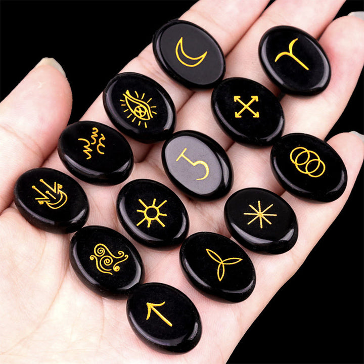 Olivenorma - Pierre anti-stress gravée de runes de sorcière en pierre naturelle (13 pièces) - Obsidienne - image 11