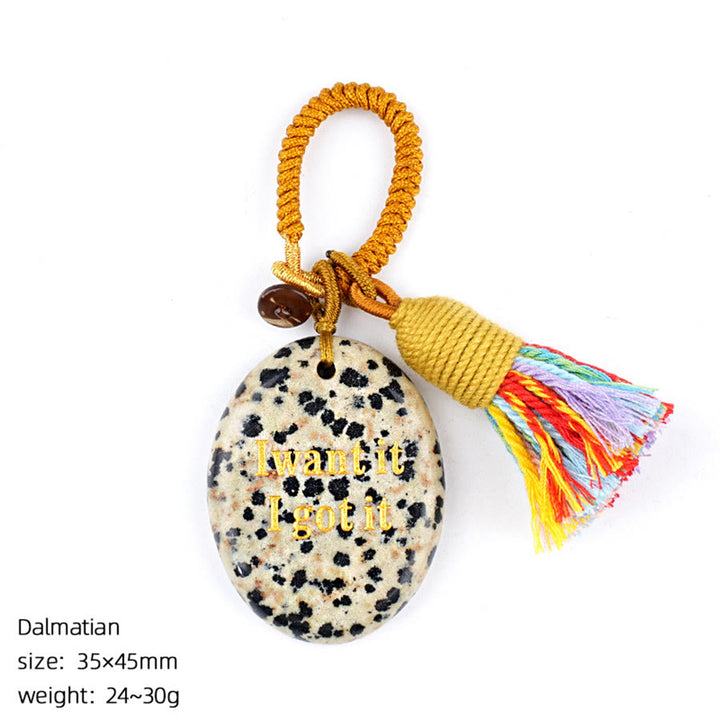 Olivenorma « Je le veux, je l'ai » Pierre à soucis en pierre naturelle gravée avec pompon - Jasper dalmatien - image 25