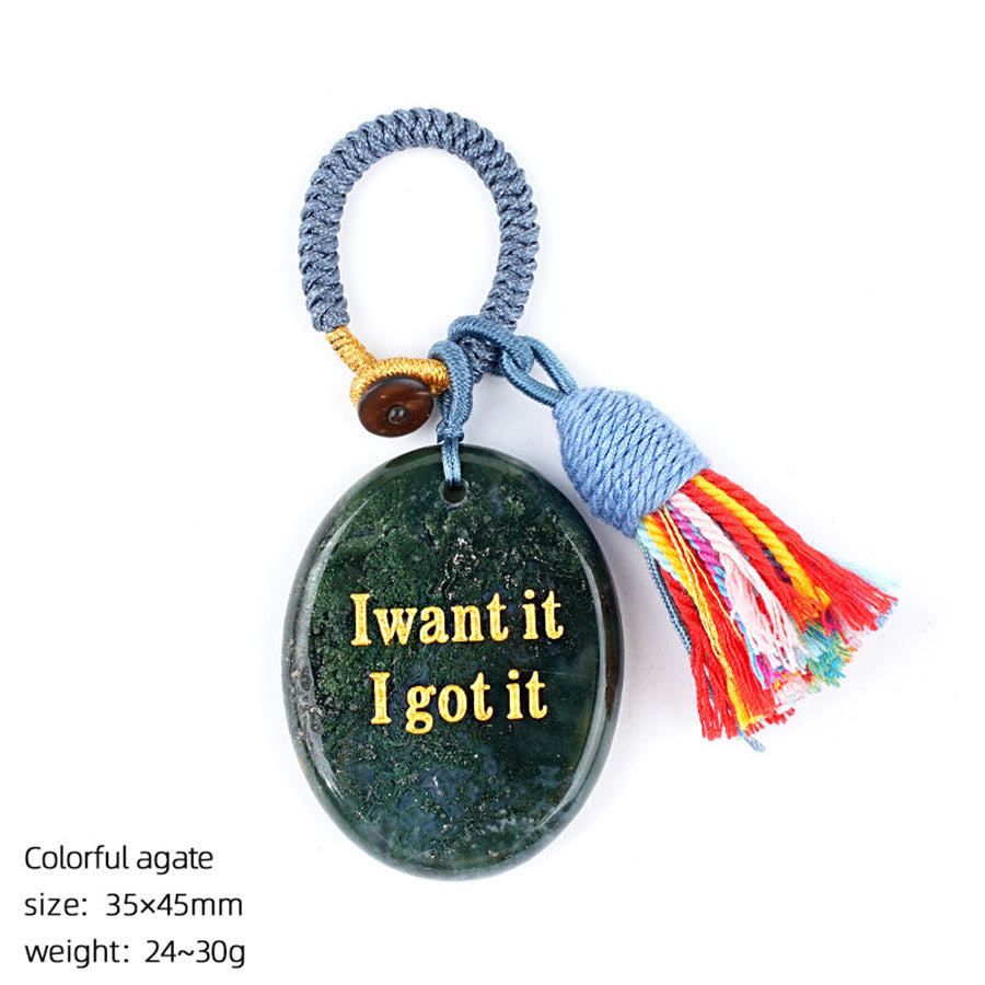 Olivenorma « Je le veux, je l'ai » Pierre à soucis en pierre naturelle gravée avec pompon - Agate colorée - image 12