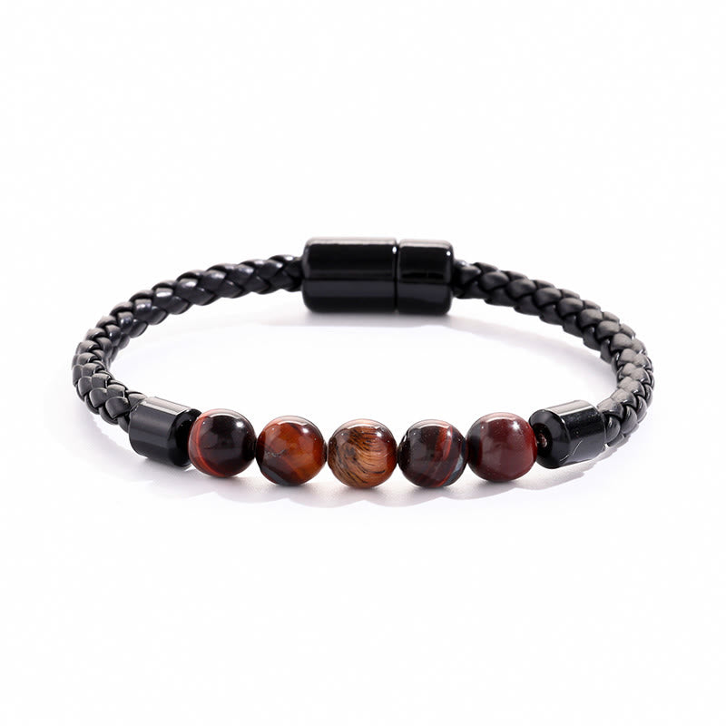 Bracelet Olivenorma en cuir tressé avec perles de pierre naturelle et fermeture magnétique - Œil de tigre rouge - image 10