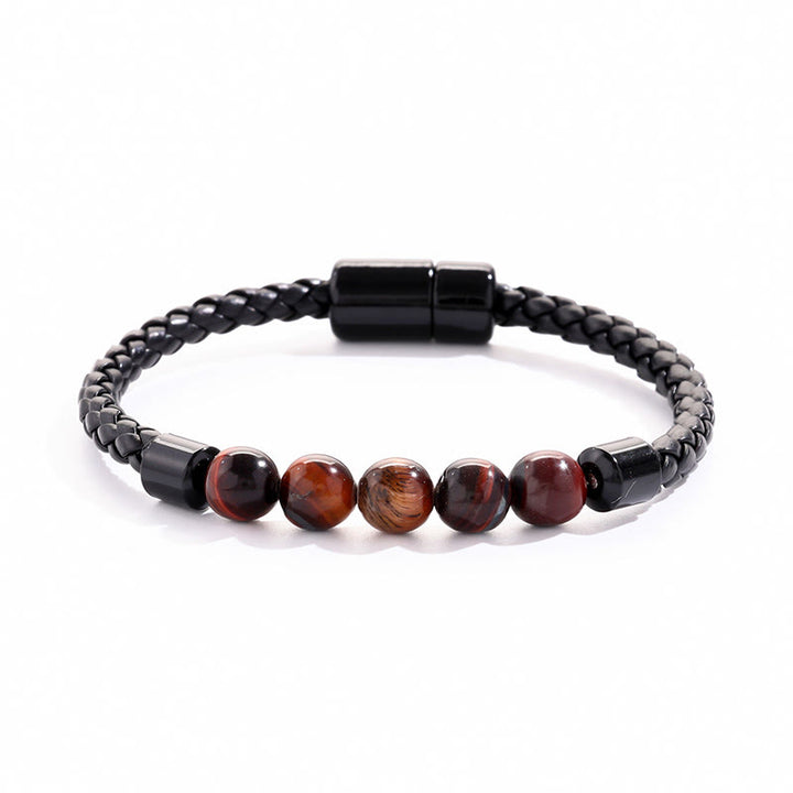 Bracelet Olivenorma en cuir tressé avec perles de pierre naturelle et fermeture magnétique - Œil de tigre rouge - image 10
