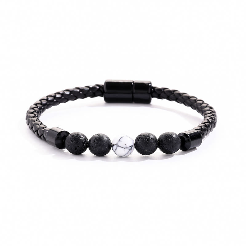 Bracelet Olivenorma en cuir tressé avec perles de pierre naturelle et fermeture magnétique - Pierre de lave et howlite - image 6
