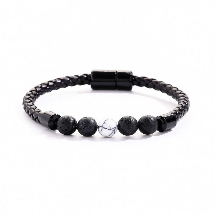 Bracelet Olivenorma en cuir tressé avec perles de pierre naturelle et fermeture magnétique - Pierre de lave et howlite - image 6