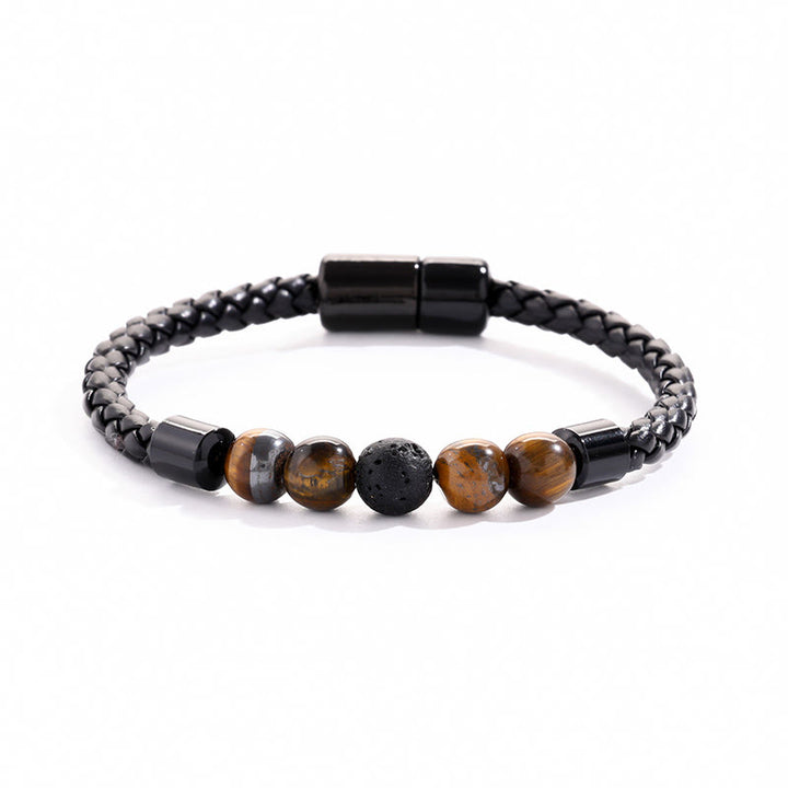 Bracelet Olivenorma en cuir tressé avec perles de pierre naturelle et fermeture magnétique - Œil de tigre et pierre de lave - image 4