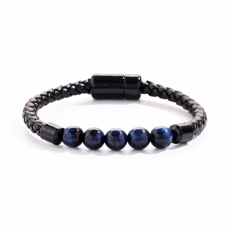 Bracelet Olivenorma en cuir tressé avec perles de pierre naturelle et fermeture magnétique - Œil de tigre bleu - image 9