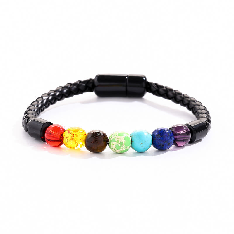 Bracelet Olivenorma en cuir tressé avec perles de pierre naturelle et fermeture magnétique - Pierre de chakra - image 1