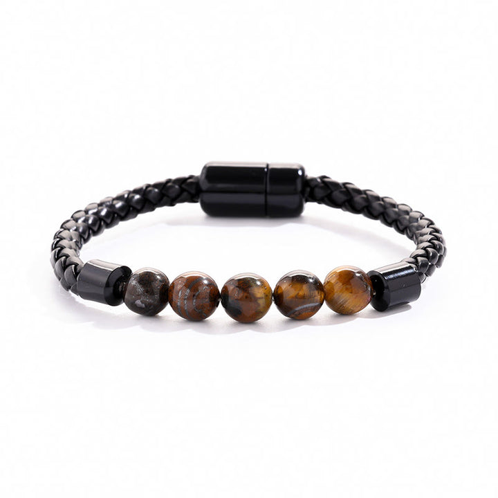 Bracelet Olivenorma en cuir tressé avec perles de pierre naturelle et fermeture magnétique - Œil de tigre jaune - image 8