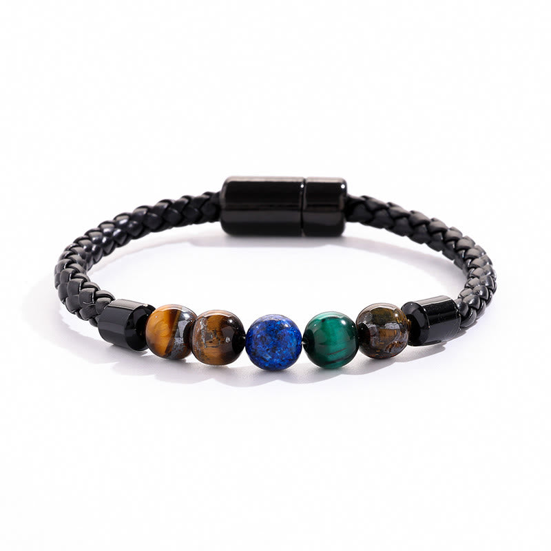 Bracelet Olivenorma en cuir tressé avec perles de pierre naturelle et fermeture magnétique - Multi-pierres - image 0