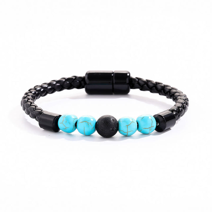 Bracelet Olivenorma en cuir tressé avec perles de pierre naturelle et fermeture magnétique - Turquoise et pierre de lave - image 3