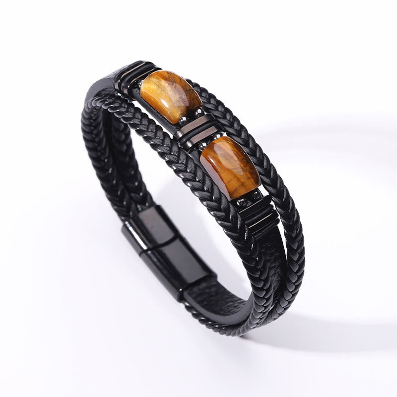 Bracelet magnétique Olivenorma en cuir tressé artisanal et pierre naturelle - Œil de tigre double - 9 pouces - image 4