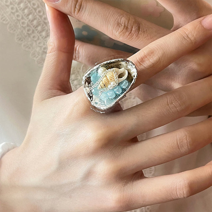 Bague ajustable Olivenorma Beachy Conch et cristal perlé - Bande lisse et coquillage - image 3