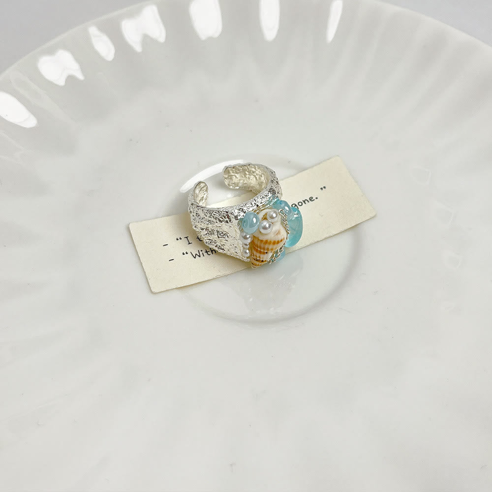 Bague ajustable Olivenorma Beachy Conch et cristal perlé - Bande martelée et coquillage - image 2