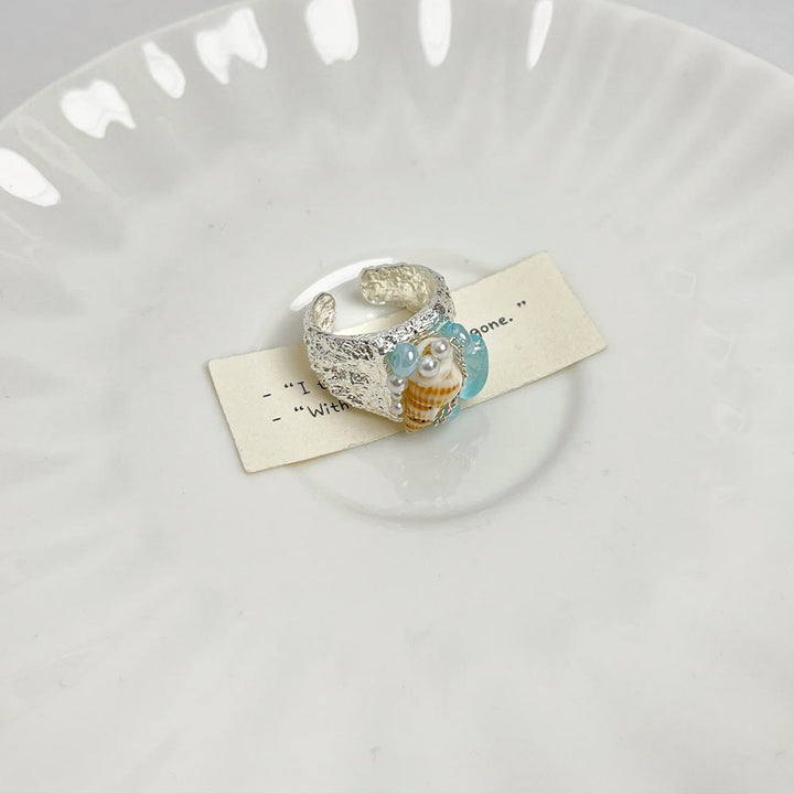 Bague ajustable Olivenorma Beachy Conch et cristal perlé - Bande martelée et coquillage - image 2