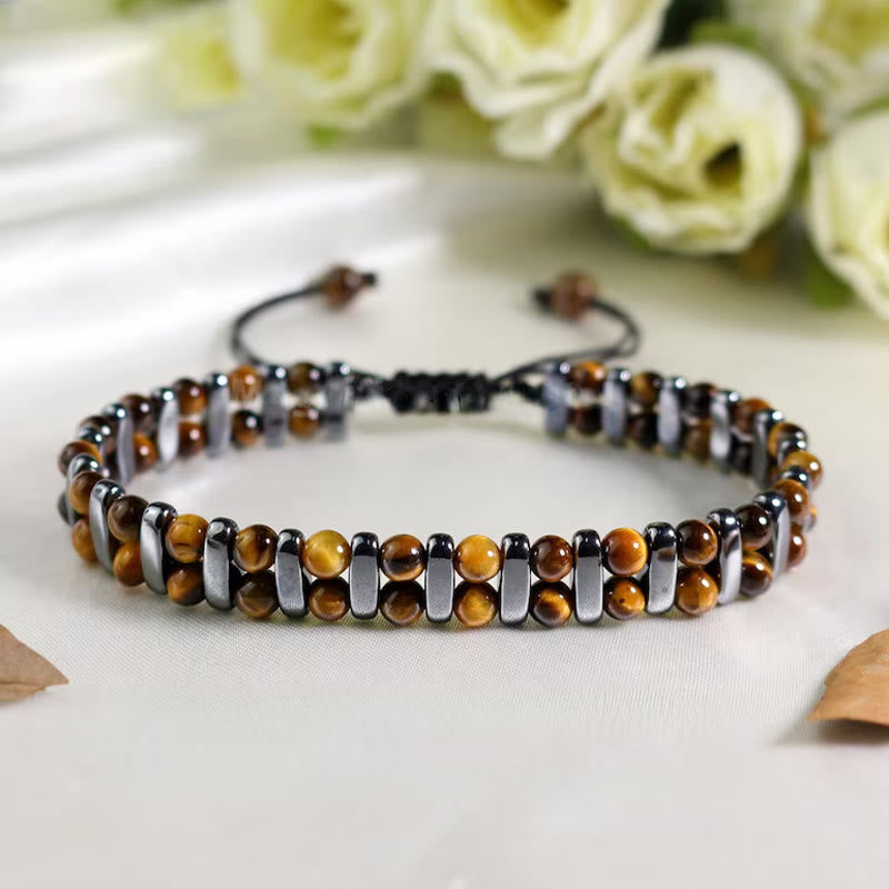 Bracelet Olivenorma en hématite et pierre œil de tigre naturelle à double rangée de perles - Œil de tigre et hématite - image 0