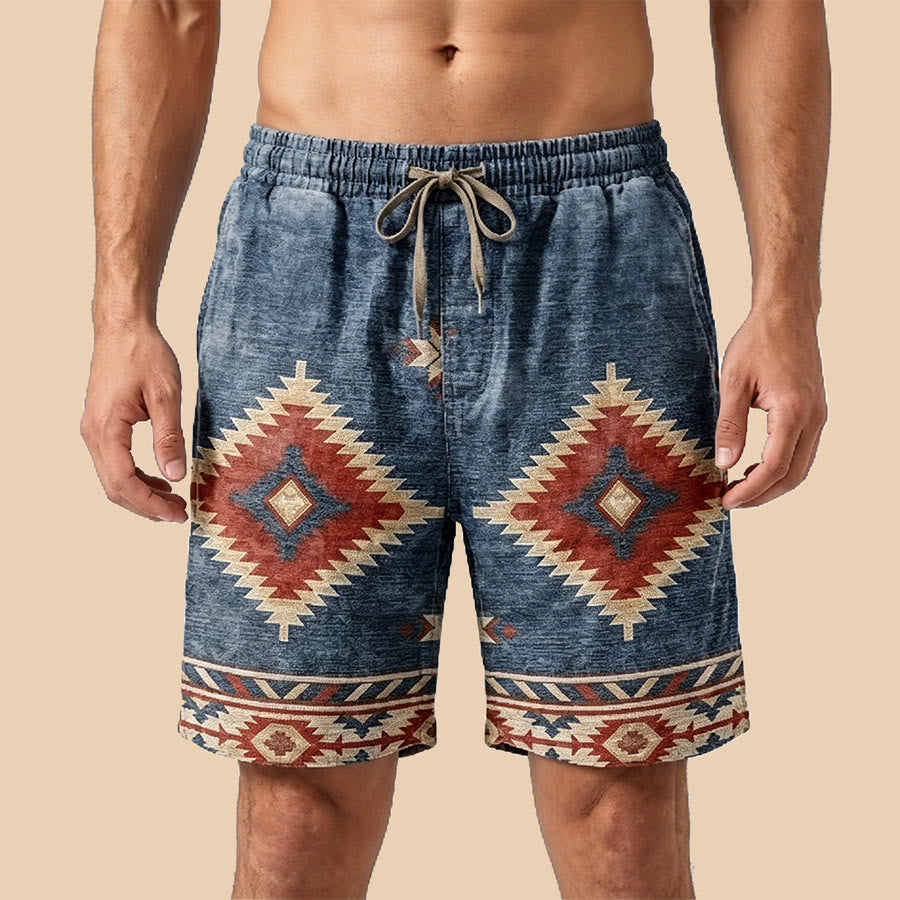 Pantalon court décontracté pour homme Olivenorma à imprimé géométrique aztèque western - Bleu rétro - 5XL - image 0