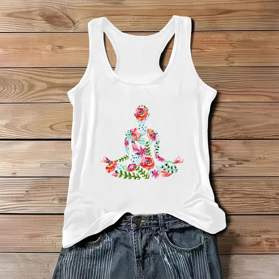 Débardeur pour femme Olivenorma Blooming Calm, motif floral aquarelle et posture de yoga - Blanc - 3XL - image 0