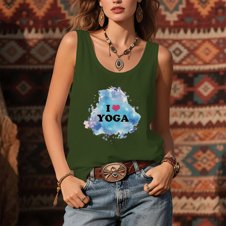 Débardeur femme Olivenorma Yoga Love Splash Watercolor « J’❤️ LE YOGA » à motif graphique - image 1