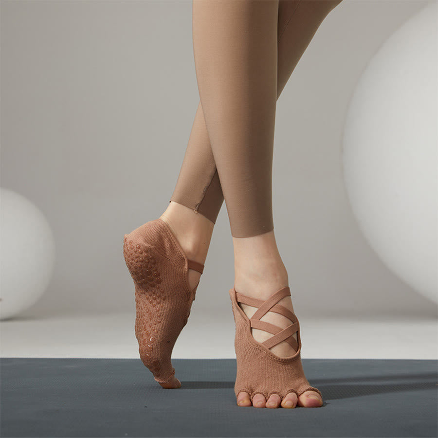 Chaussettes de yoga Olivenorma antidérapantes à brides croisées pour femmes, idéales pour le yoga, le pilates et le barre. - Kaki - 10 paires - image 14
