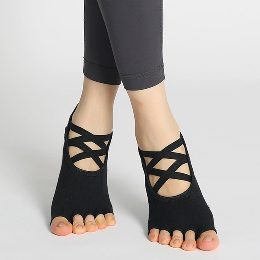 Chaussettes de yoga Olivenorma pour femmes, antidérapantes, à brides croisées et bout ouvert, offrant une adhérence optimale - Noir - 10 paires - image 6
