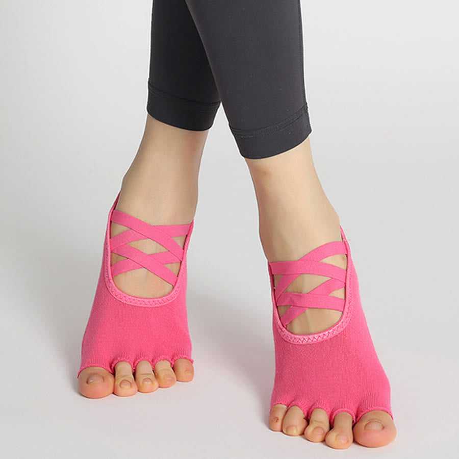 Chaussettes de yoga Olivenorma pour femmes, antidérapantes, à brides croisées et bout ouvert, offrant une adhérence optimale - Rose rouge - 10 paires - image 1