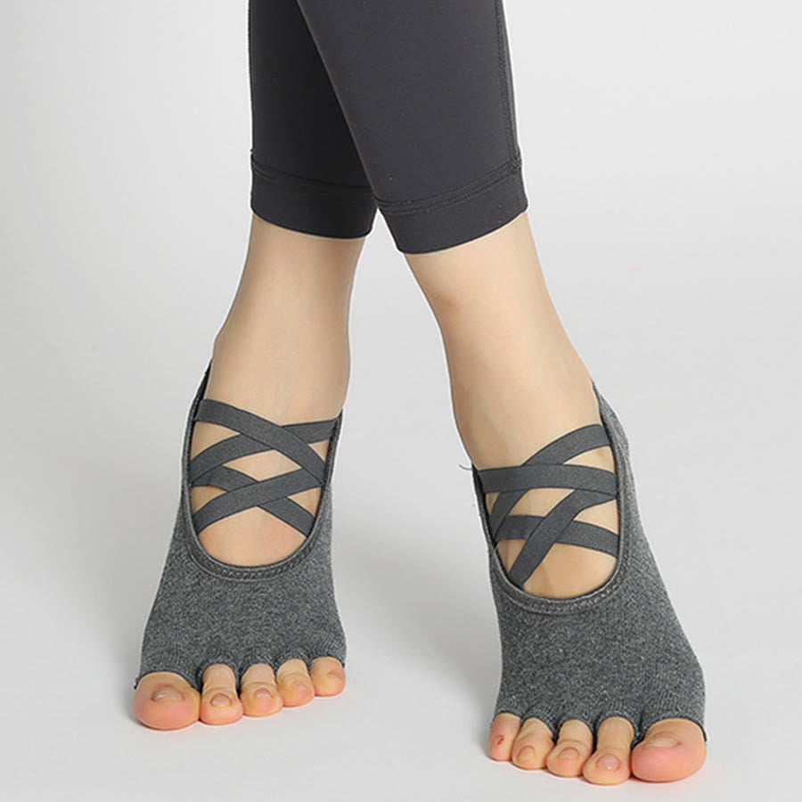 Chaussettes de yoga Olivenorma pour femmes, antidérapantes, à brides croisées et bout ouvert, offrant une adhérence optimale - Gris foncé - 10 paires - image 11