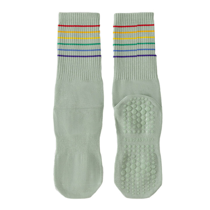 Chaussettes de yoga Olivenorma à rayures arc-en-ciel, mi-mollet, antidérapantes et amortissantes pour femmes - Vert - 10 paires - image 4