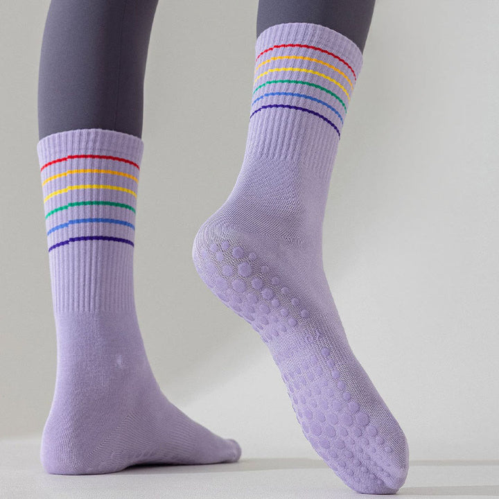 Chaussettes de yoga Olivenorma à rayures arc-en-ciel, mi-mollet, antidérapantes et amortissantes pour femmes - image 15