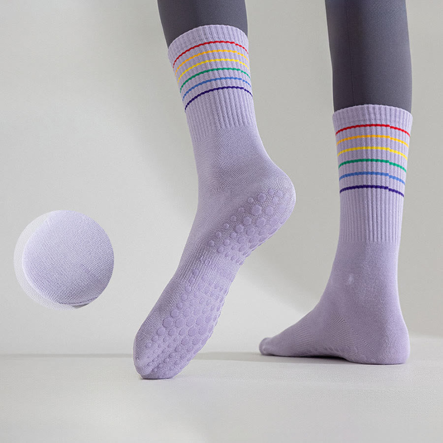 Chaussettes de yoga Olivenorma à rayures arc-en-ciel, mi-mollet, antidérapantes et amortissantes pour femmes - image 14