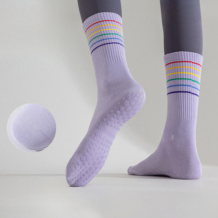 Chaussettes de yoga Olivenorma à rayures arc-en-ciel, mi-mollet, antidérapantes et amortissantes pour femmes - image 14