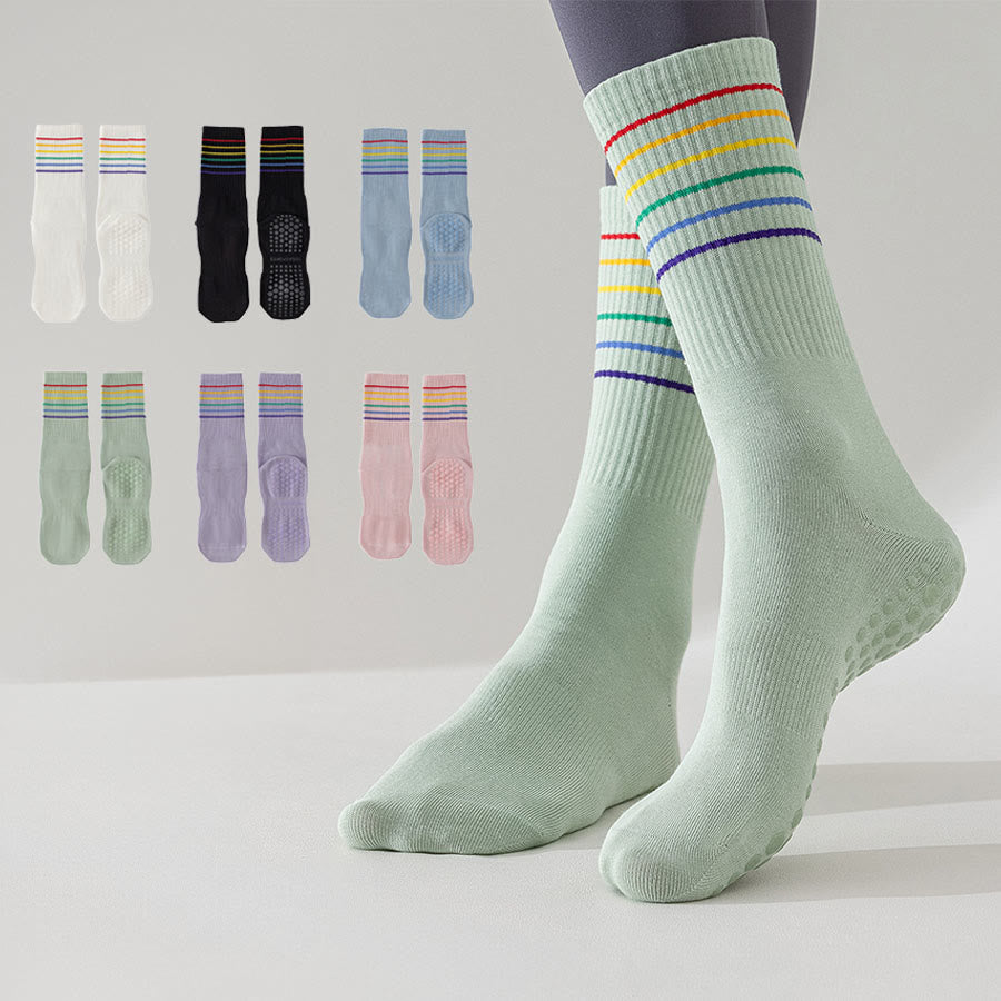 Chaussettes de yoga Olivenorma à rayures arc-en-ciel, mi-mollet, antidérapantes et amortissantes pour femmes - image 0