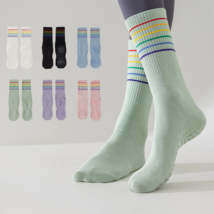 Chaussettes de yoga Olivenorma à rayures arc-en-ciel, mi-mollet, antidérapantes et amortissantes pour femmes - image 0