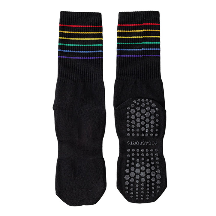 Chaussettes de yoga Olivenorma à rayures arc-en-ciel, mi-mollet, antidérapantes et amortissantes pour femmes - Noir - 10 paires - image 20
