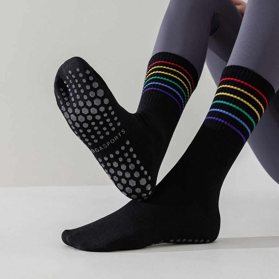 Chaussettes de yoga Olivenorma à rayures arc-en-ciel, mi-mollet, antidérapantes et amortissantes pour femmes - image 21