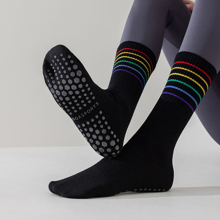 Chaussettes de yoga Olivenorma à rayures arc-en-ciel, mi-mollet, antidérapantes et amortissantes pour femmes - image 21