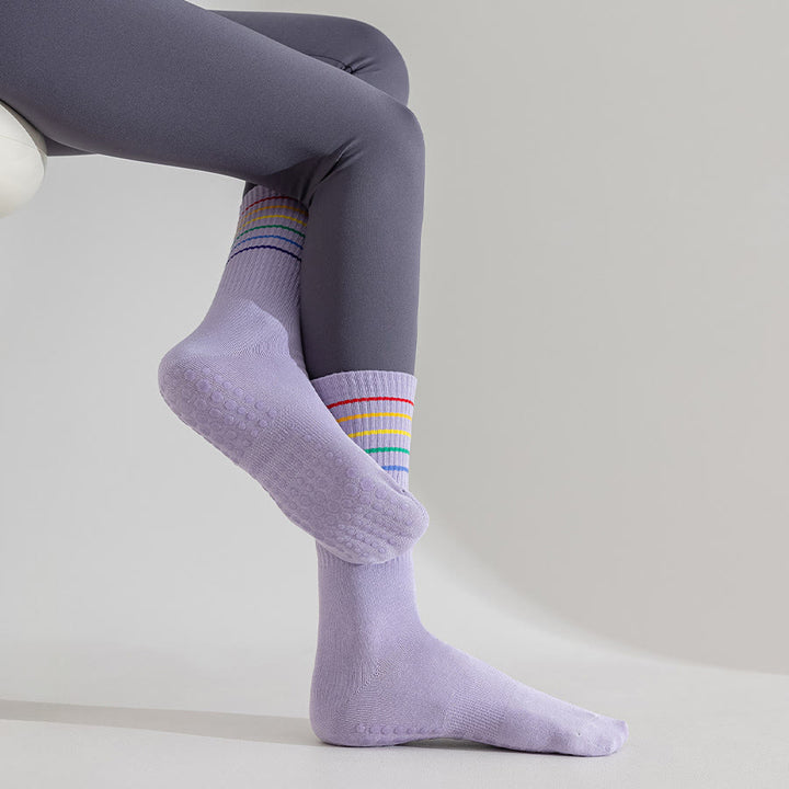 Chaussettes de yoga Olivenorma à rayures arc-en-ciel, mi-mollet, antidérapantes et amortissantes pour femmes - image 16