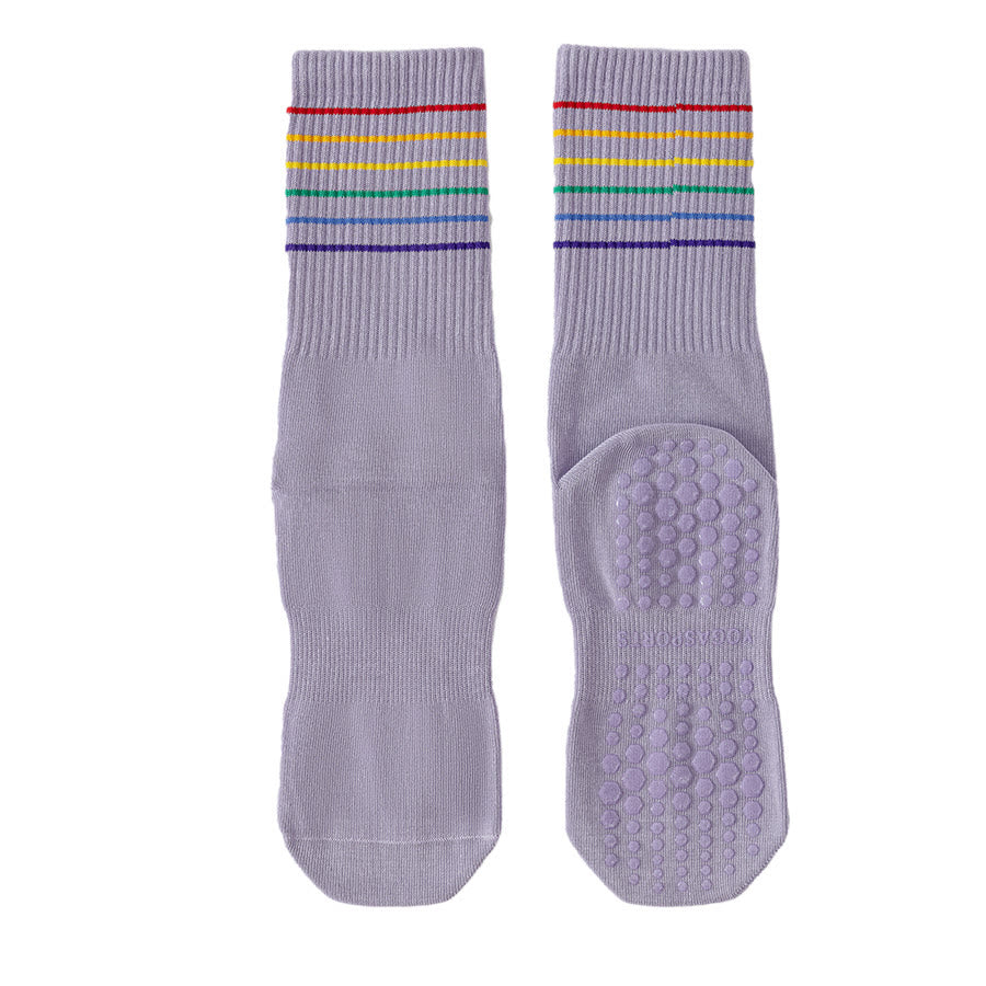 Chaussettes de yoga Olivenorma à rayures arc-en-ciel, mi-mollet, antidérapantes et amortissantes pour femmes - Violet - 10 paires - image 13