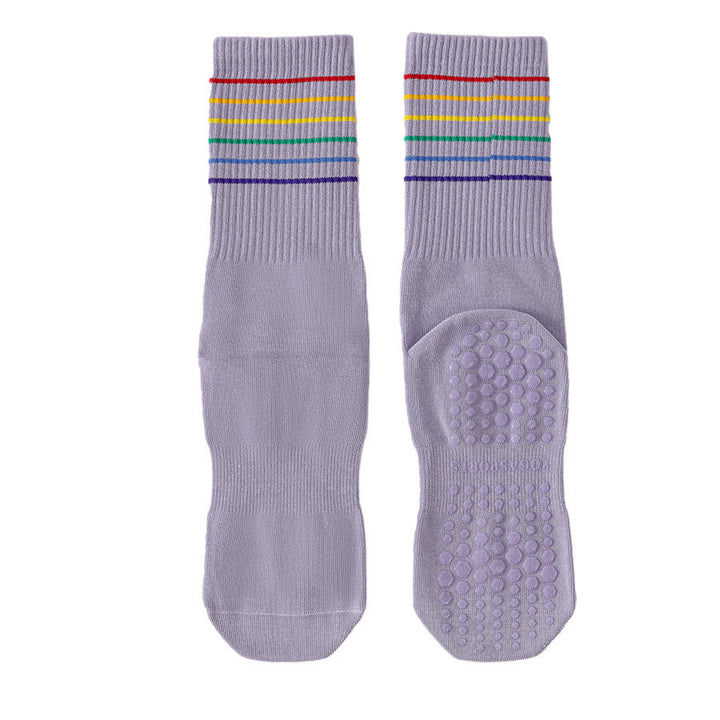 Chaussettes de yoga Olivenorma à rayures arc-en-ciel, mi-mollet, antidérapantes et amortissantes pour femmes - Violet - 10 paires - image 13