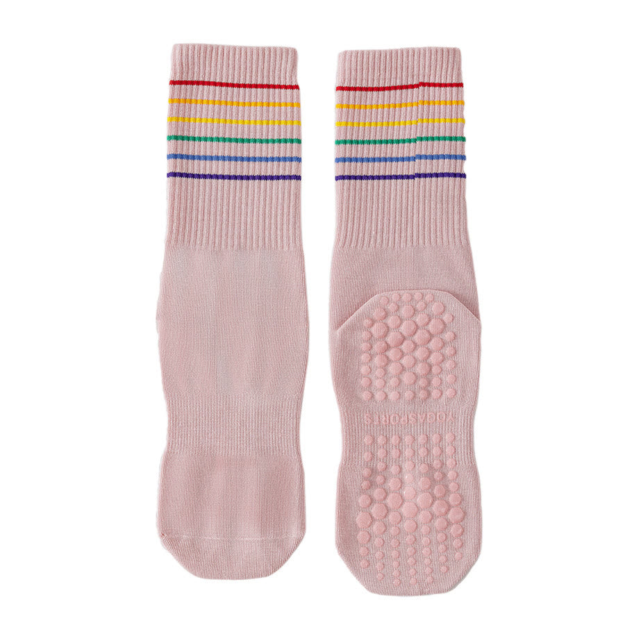Chaussettes de yoga Olivenorma à rayures arc-en-ciel, mi-mollet, antidérapantes et amortissantes pour femmes - Rose - 10 paires - image 11