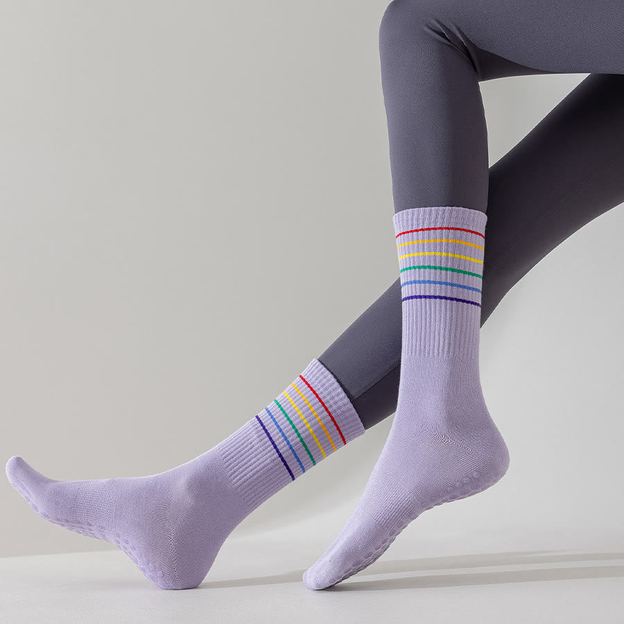 Chaussettes de yoga Olivenorma à rayures arc-en-ciel, mi-mollet, antidérapantes et amortissantes pour femmes - image 18