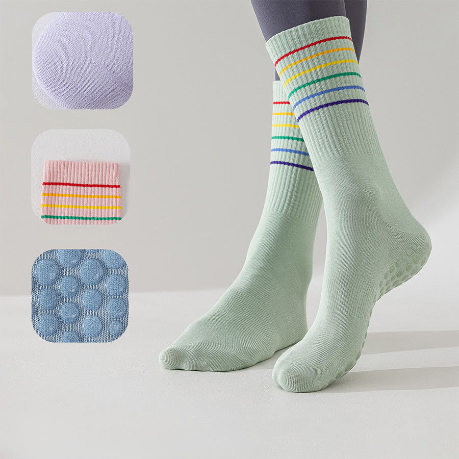 Chaussettes de yoga Olivenorma à rayures arc-en-ciel, mi-mollet, antidérapantes et amortissantes pour femmes - image 5