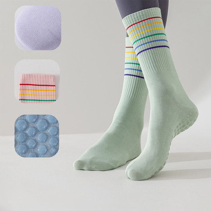 Chaussettes de yoga Olivenorma à rayures arc-en-ciel, mi-mollet, antidérapantes et amortissantes pour femmes - image 5