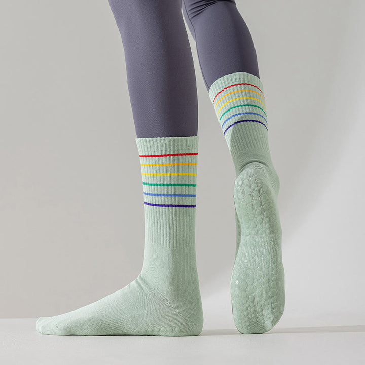 Chaussettes de yoga Olivenorma à rayures arc-en-ciel, mi-mollet, antidérapantes et amortissantes pour femmes - image 9