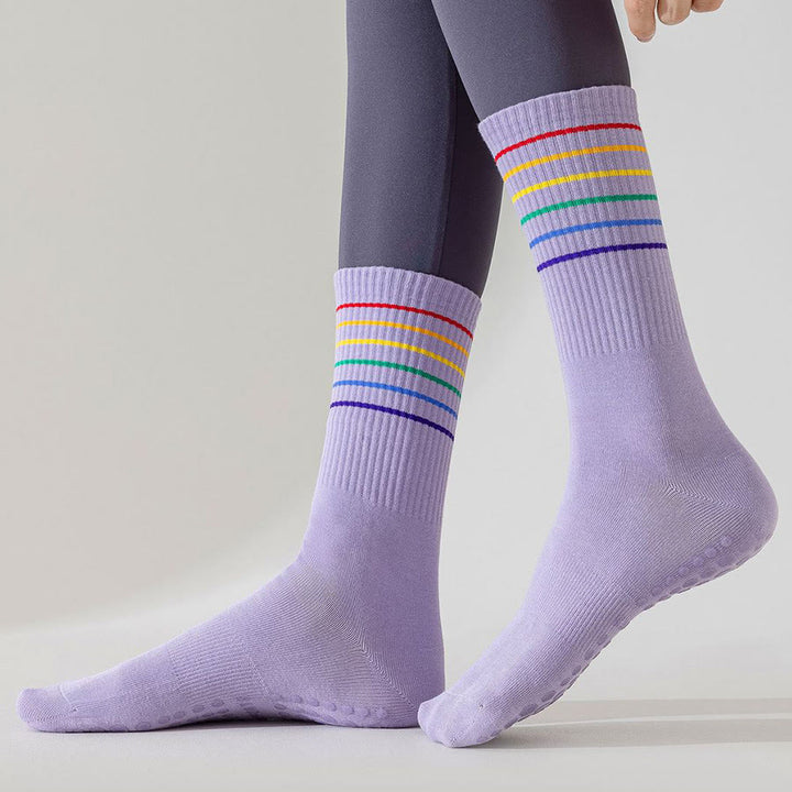Chaussettes de yoga Olivenorma à rayures arc-en-ciel, mi-mollet, antidérapantes et amortissantes pour femmes - image 17